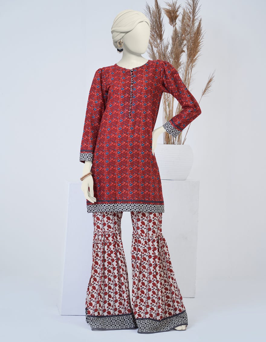 Red Cambric 2 Piece Stitched Dress | Jjpw-W-Jpw2-23-061