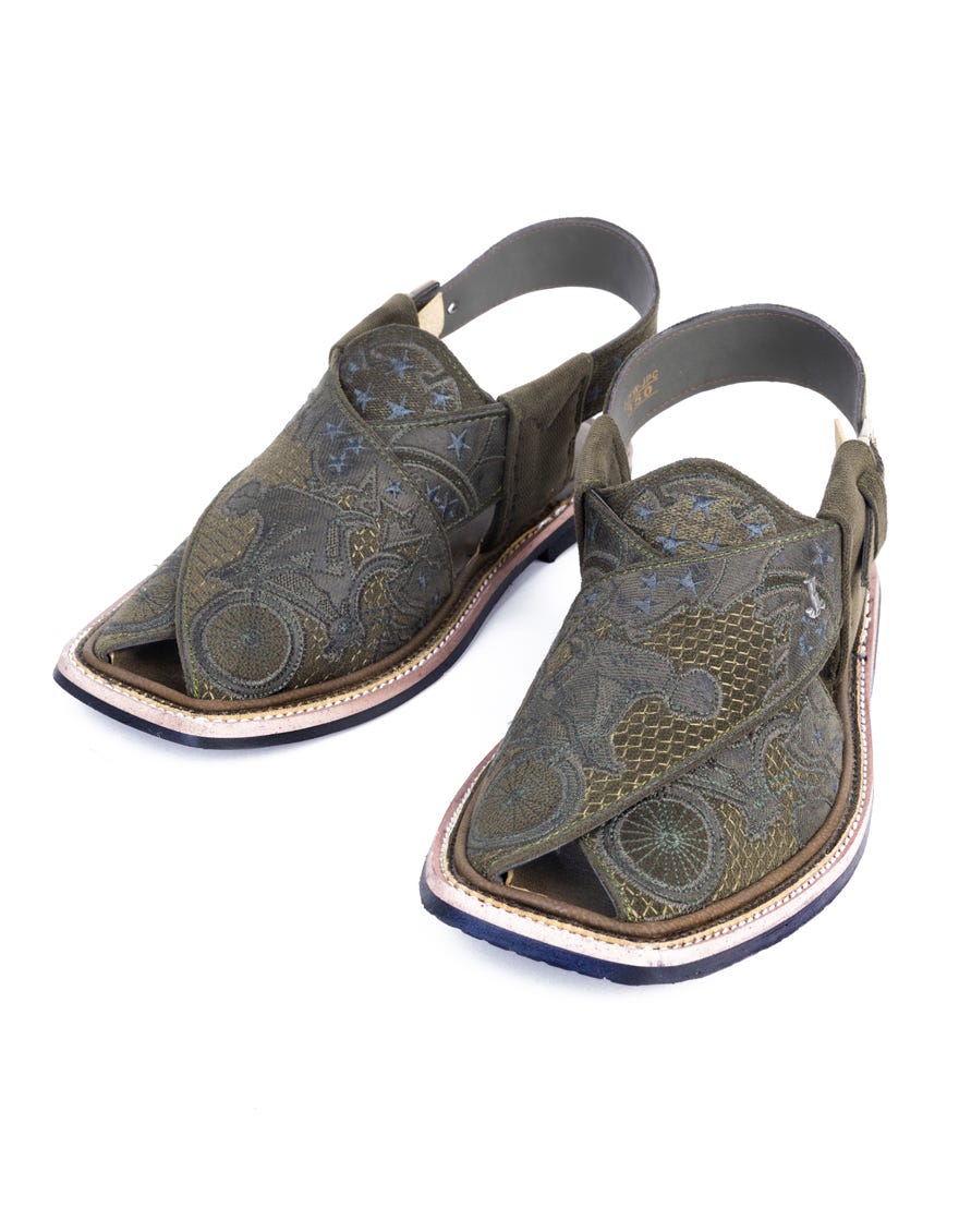 Green Embroidered Peshawari Chappal | Jjfw-Jpc-350-Emb