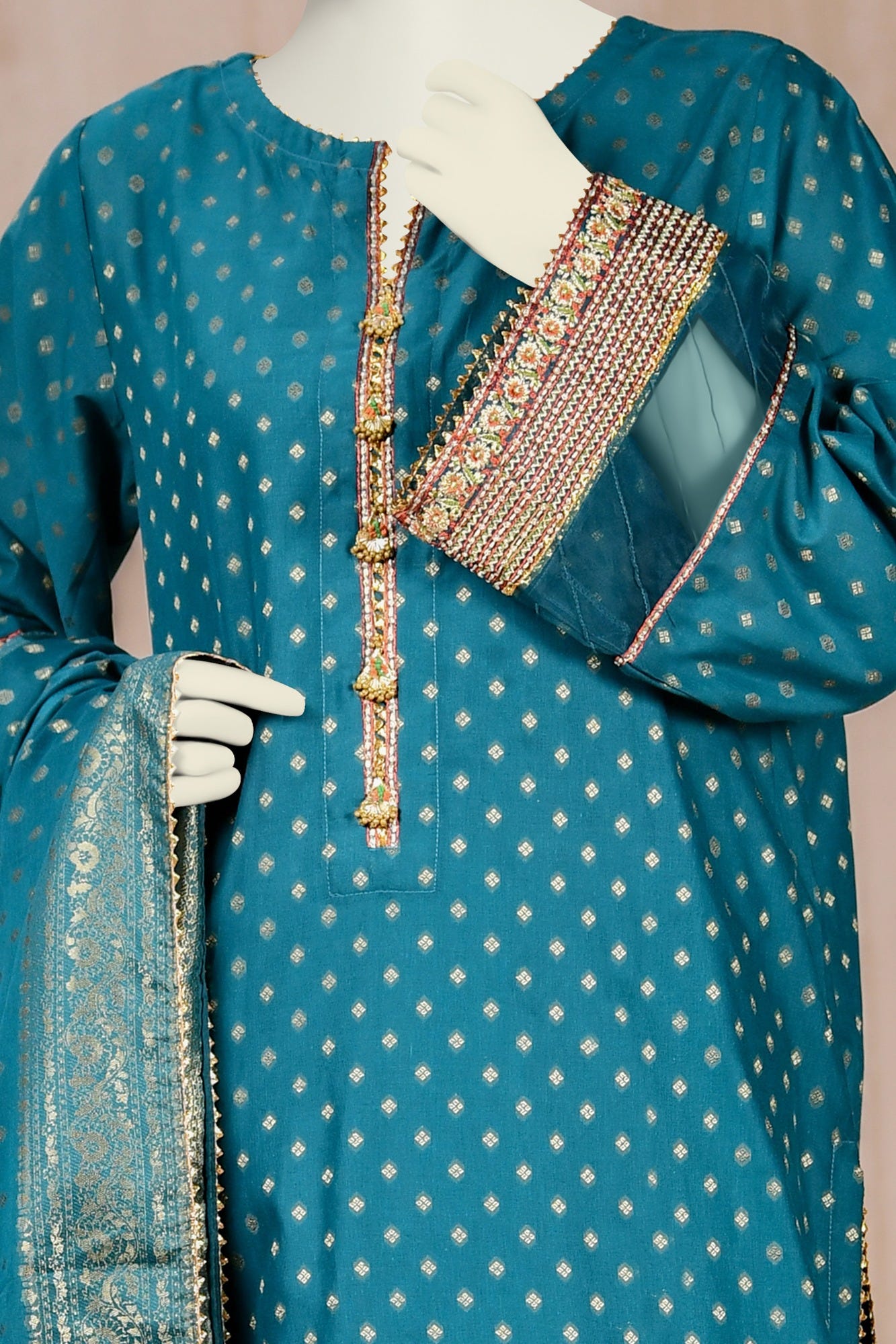 TEAL JACQUARD UNSTITCHED 3PC | CCW-3PSU-S-22-058B