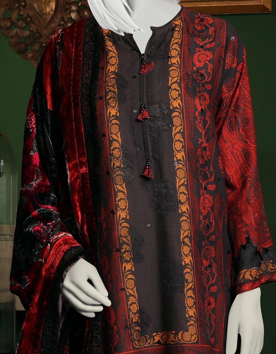 RED-BLACK JACQUARD UNSTITCHED 3PC | JJLS-W-JW-22-1758