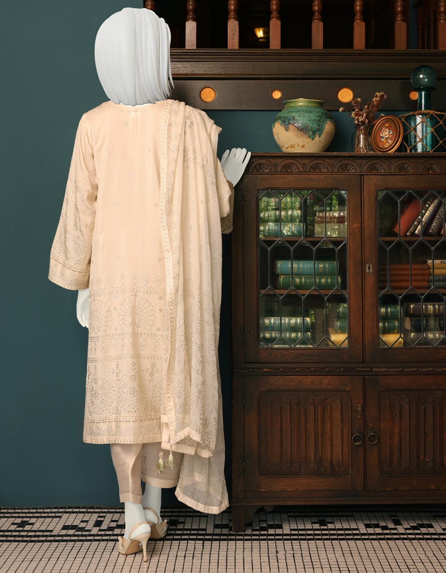 OFF WHITE RAW SILK UNSTITCHED 3PC | JJLS-W-JW-22-1789