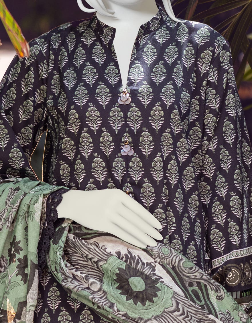 BLACK-GREEN CAMBRIC UNSTITCHED 3PC | JJLS-W-JWU-22-1796A