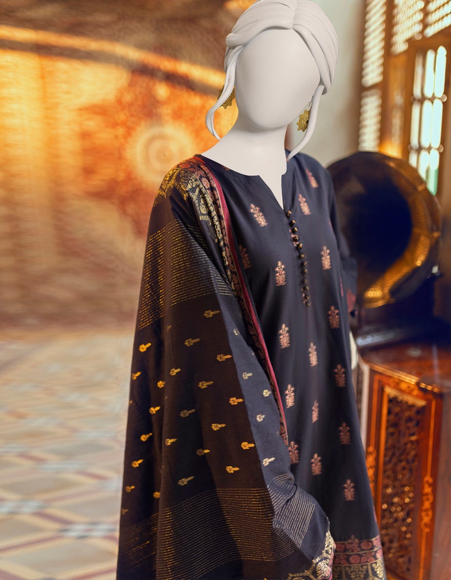 BLACK JACQUARD UNSTITCHED 3PC | JJLS-W-JWU-22-1838