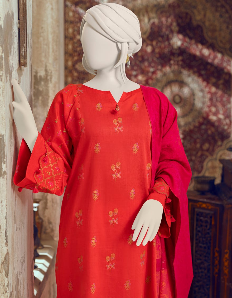 RED CAMBRIC UNSTITCHED 3PC | JJLS-W-JWU-22-1849