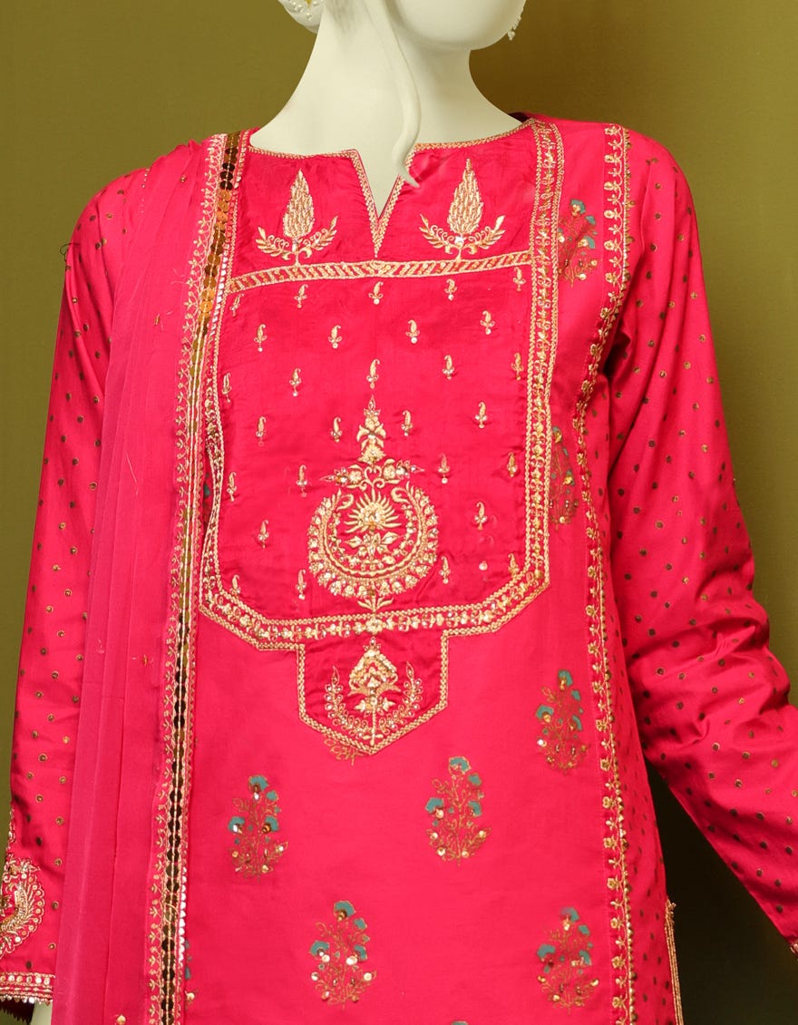 HOT PINK RAW SILK 3PC STITCHED | JJPW-S-JPS-22-3925