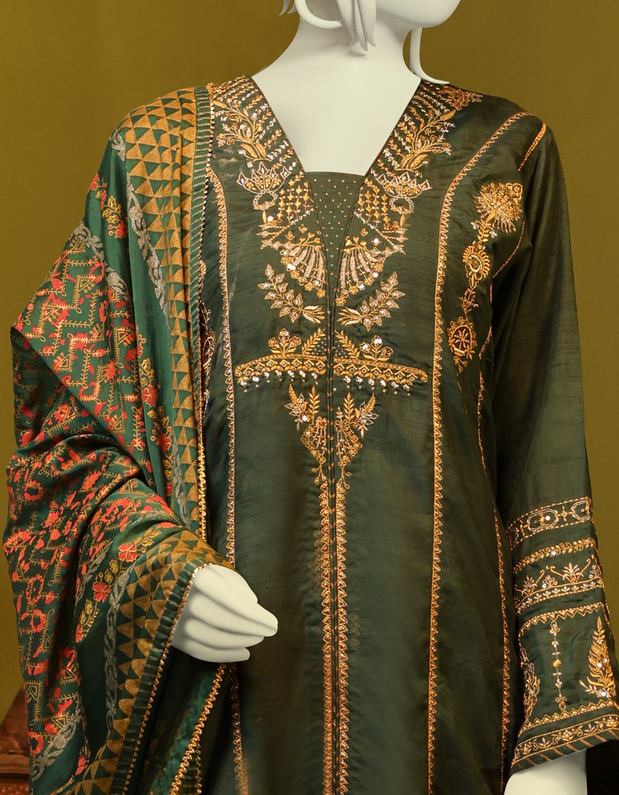 DARK GREEN RAW SILK 3PC STITCHED | JJPW-S-JPS-22-3927