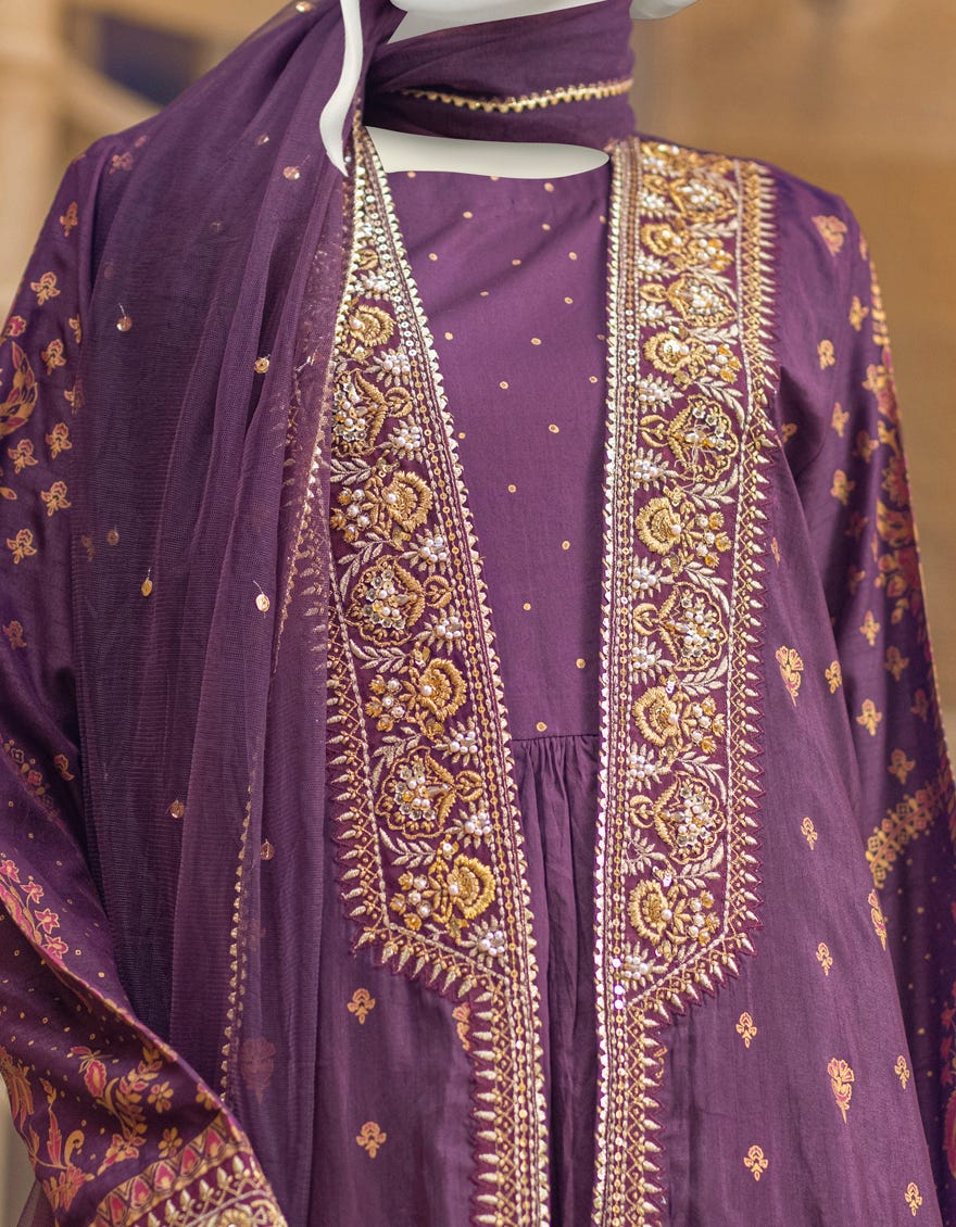 BURGUNDY RAW SILK 3PC STITCHED | JJPW-W-JPS-22-3936