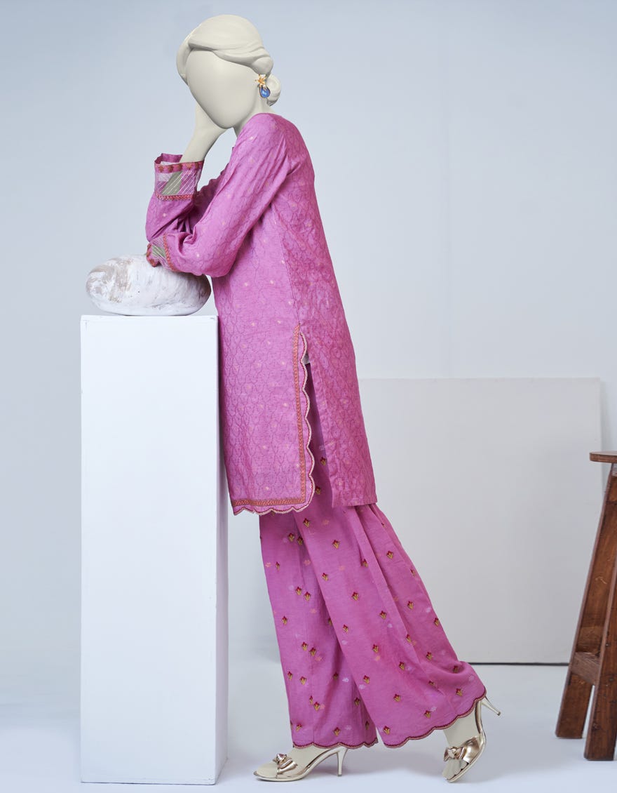 Pink Dobby 2 Piece Stitched Dress | Jjpw-S-Jpw2-23-058