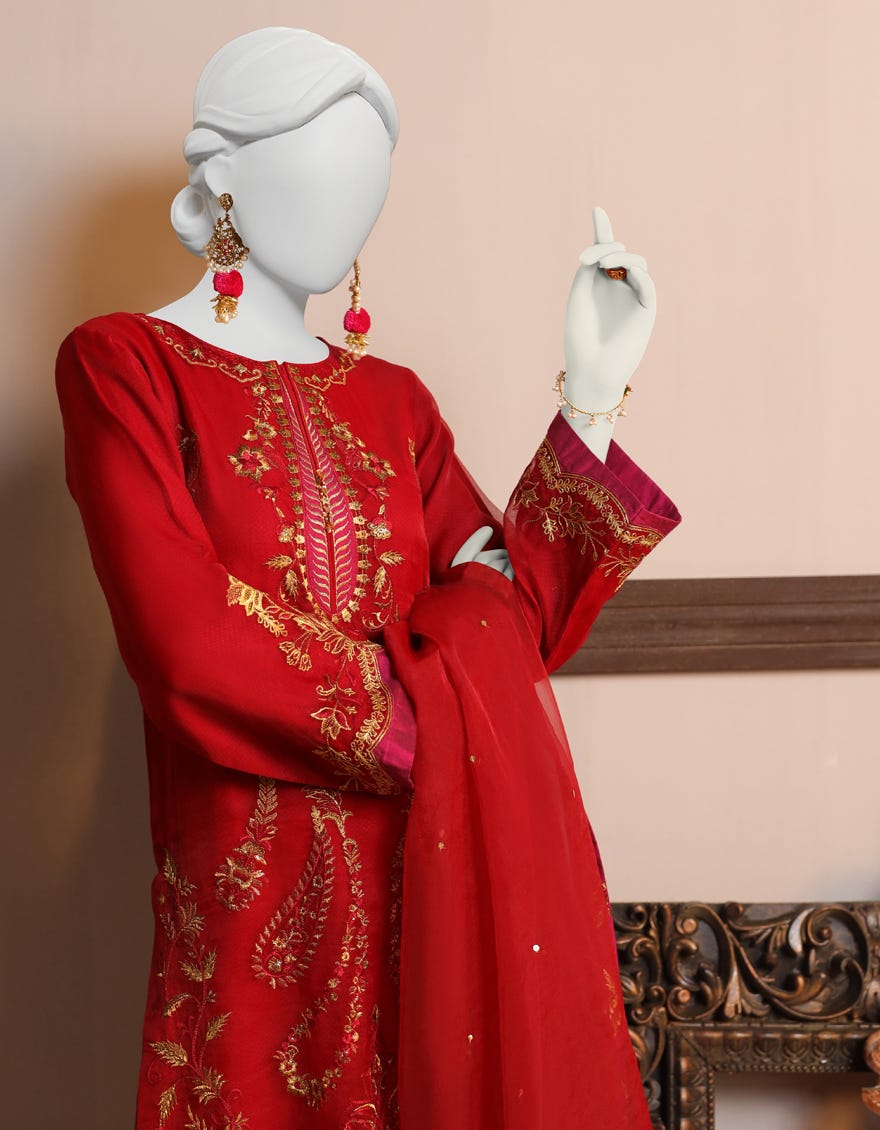 Red Raw Silk 3 Piece Stitched Dress | Jjpw-S-Jpwf-23-101