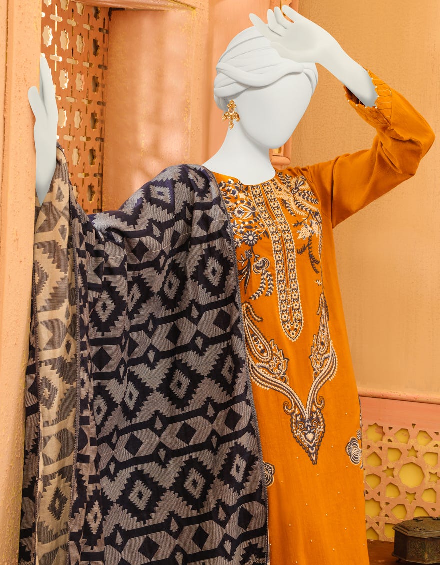 Mustard Khaddar 3 Piece Stitched Dress | Jjpw-W-Jpws-23-624