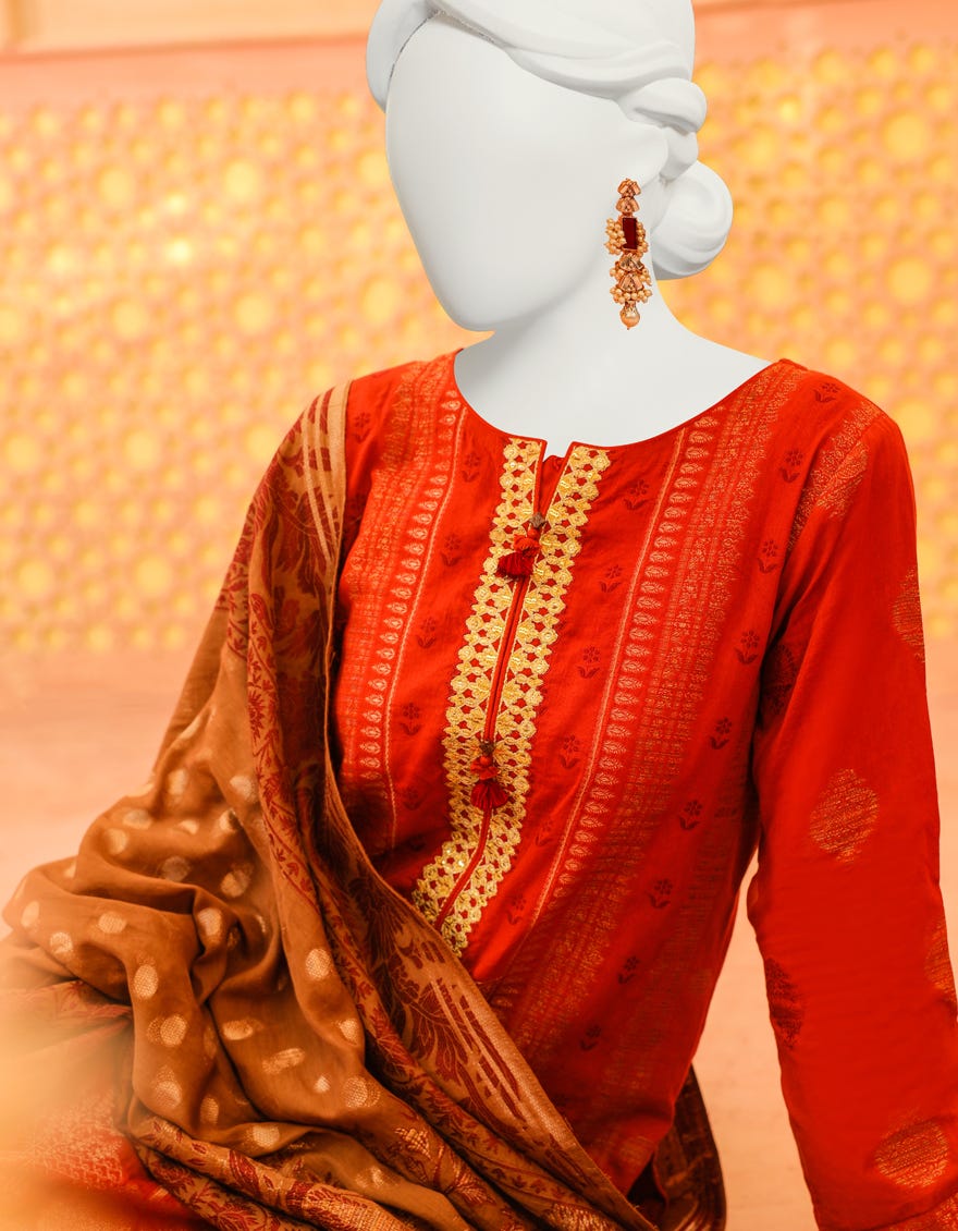 Rust Jacquard 3 Piece Stitched Dress | Jjpw-W-Jpws-23-630