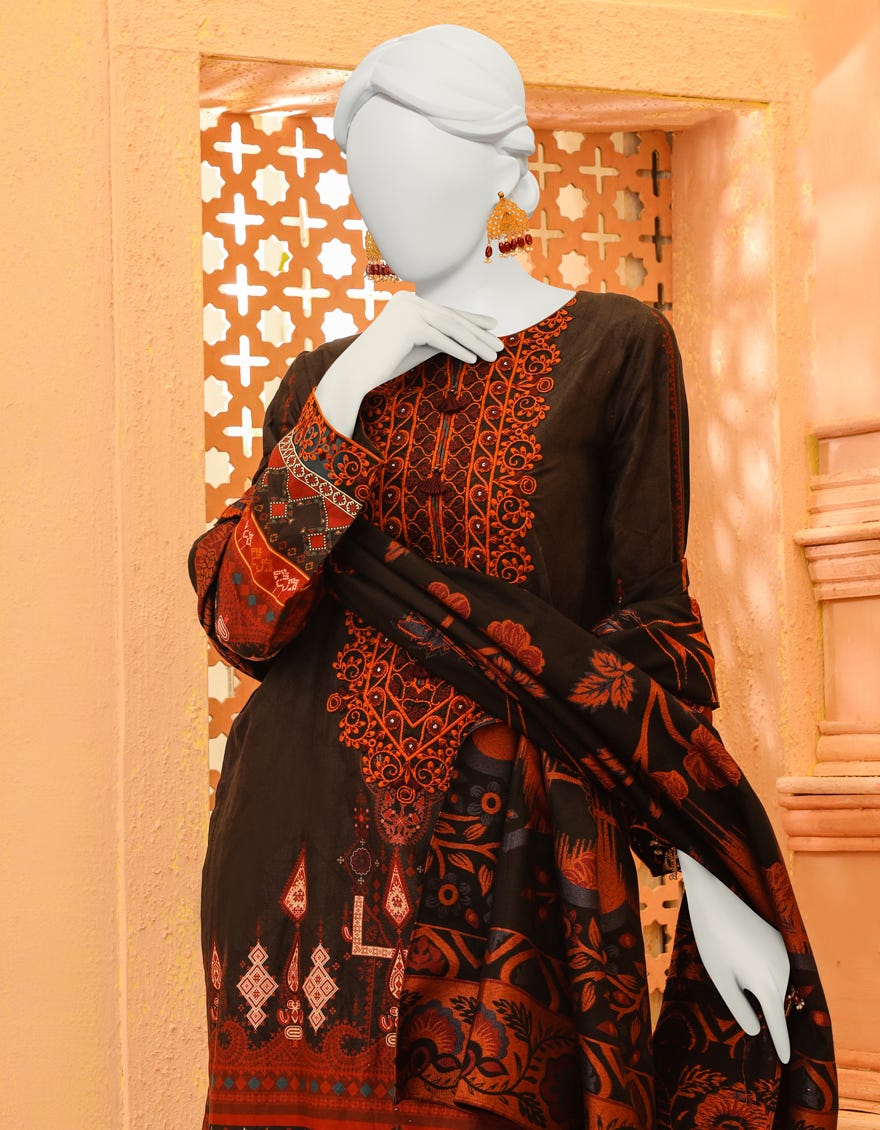 Black Cambric 3 Piece Stitched Dress | Jjpw-W-Jpws-23-639