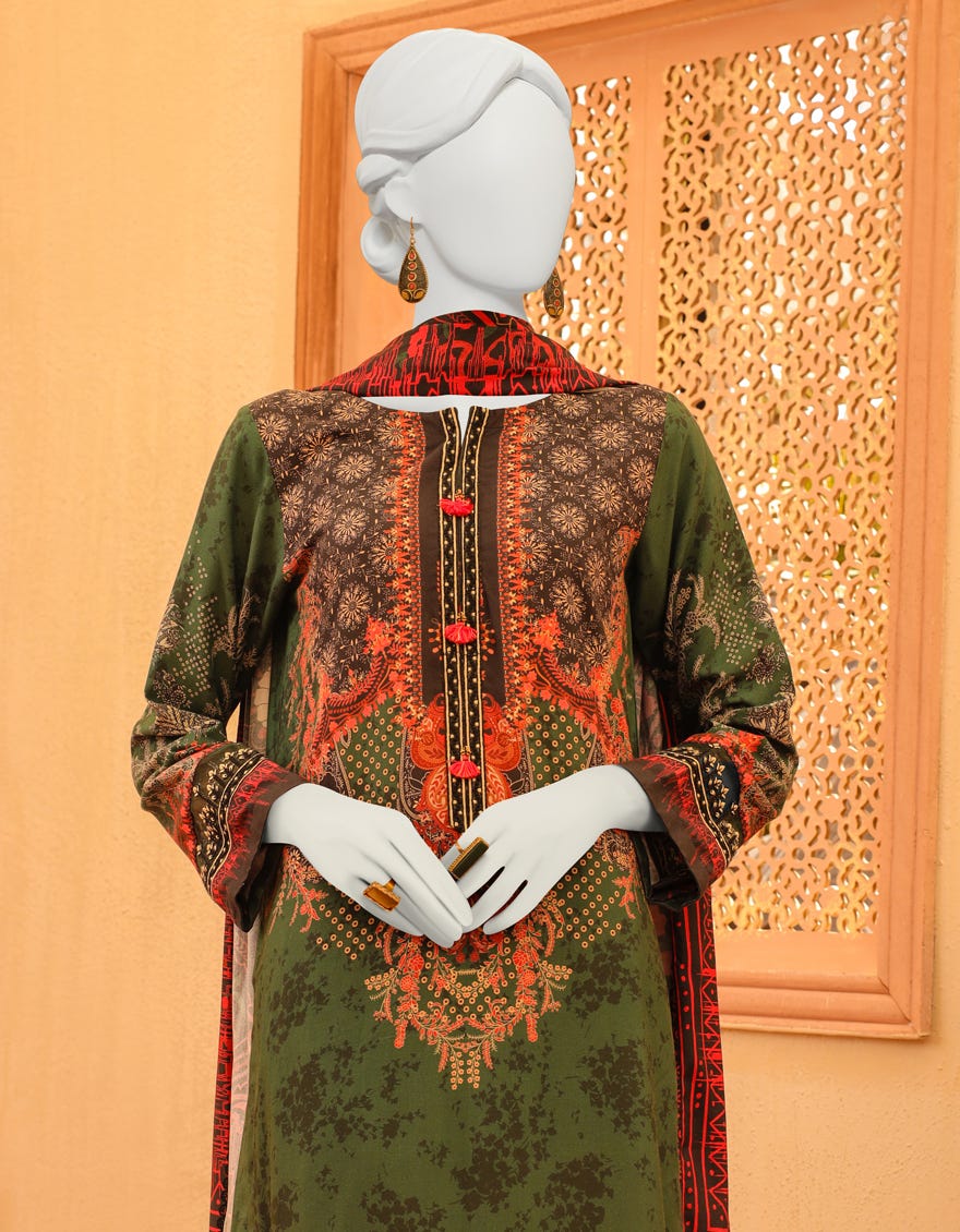 Green Cambric 3 Piece Stitched Dress | Jjpw-S-Jpws-23-642