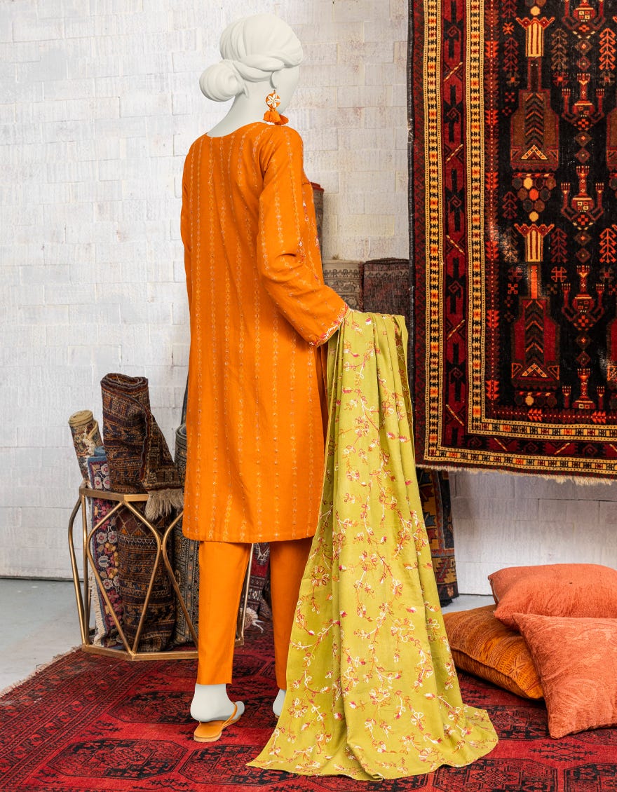 Orange Dobby 3 Piece Stitched Dress | Jjpw-W-Jpws-23-645