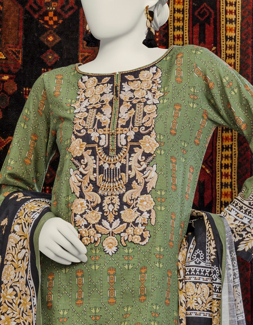 Green Khaddar 3 Piece Stitched Dress | Jjpw-W-Jpws-23-658