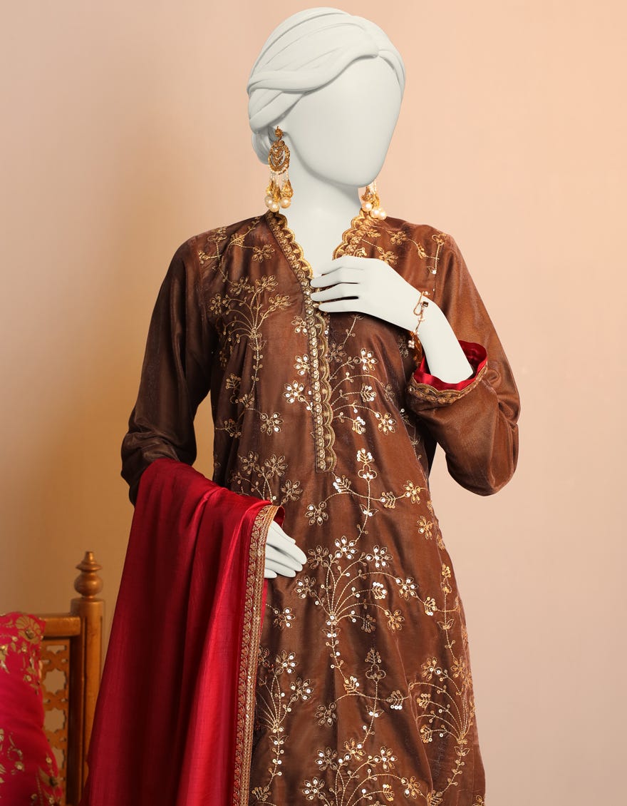 Brown Velvet 3 Piece Stitched Dress | Jjpw-W-Jpws-23-663