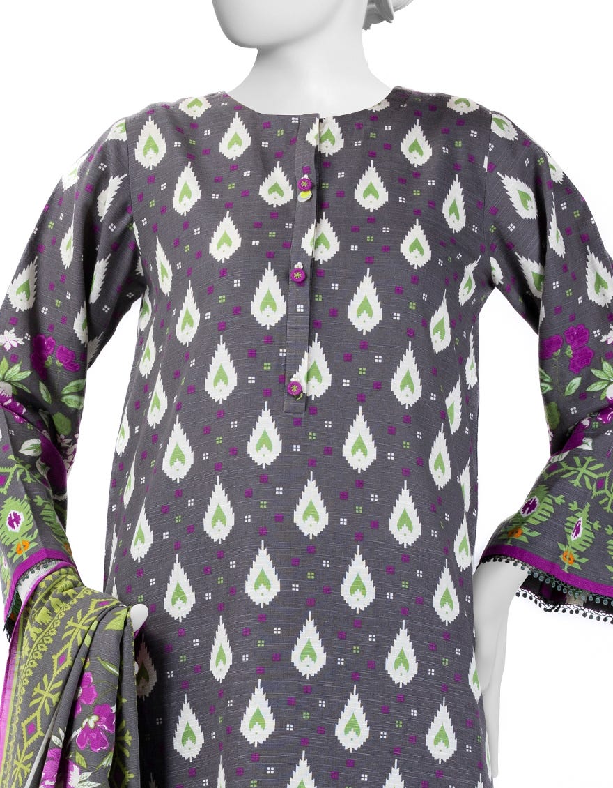 GREY KHADDAR PRINTED 3PC STITCHED