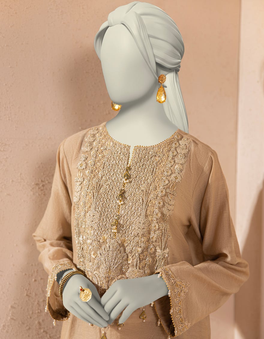 BEIGE COTTON NET EMBROIDERED KURTI