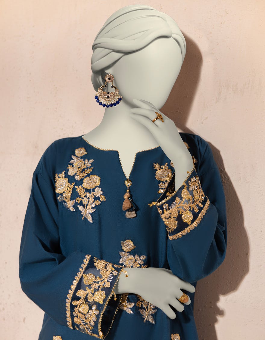 BLUE COTTON NET EMBROIDERED KURTI