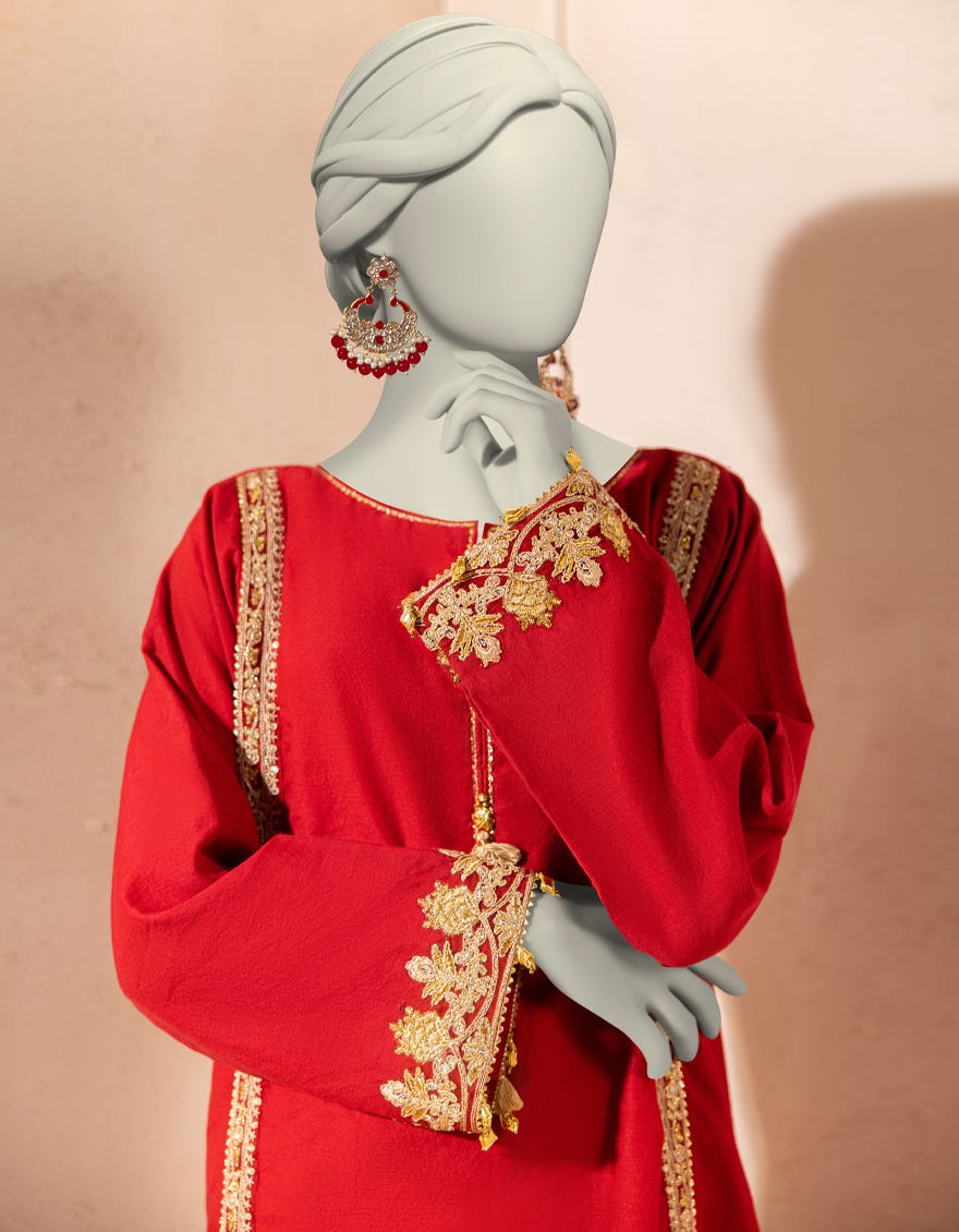 RED ORGANZA EMBROIDERED KURTI