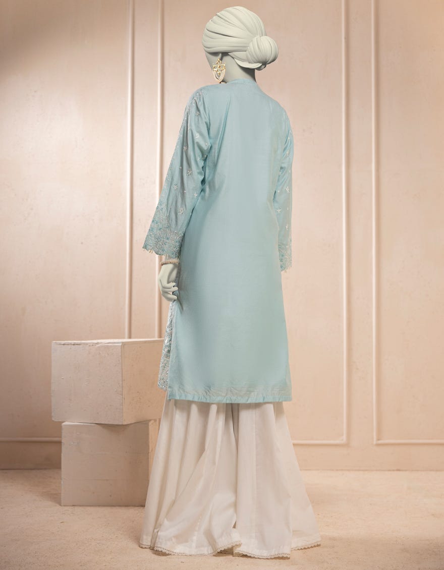 BLUE COTTON NET EMBROIDERED KURTI