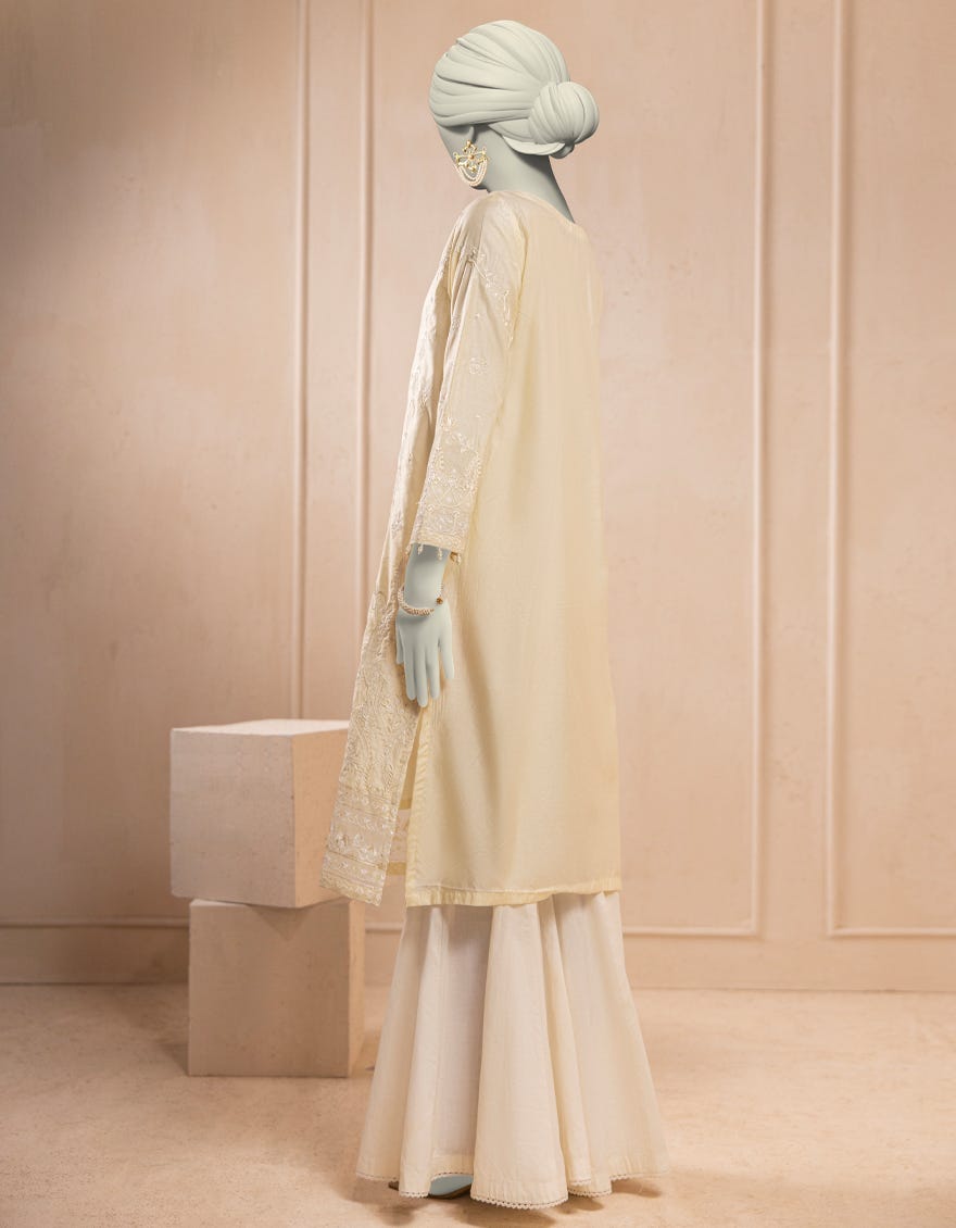 OFF WHITE COTTON NET EMBROIDERED KURTI