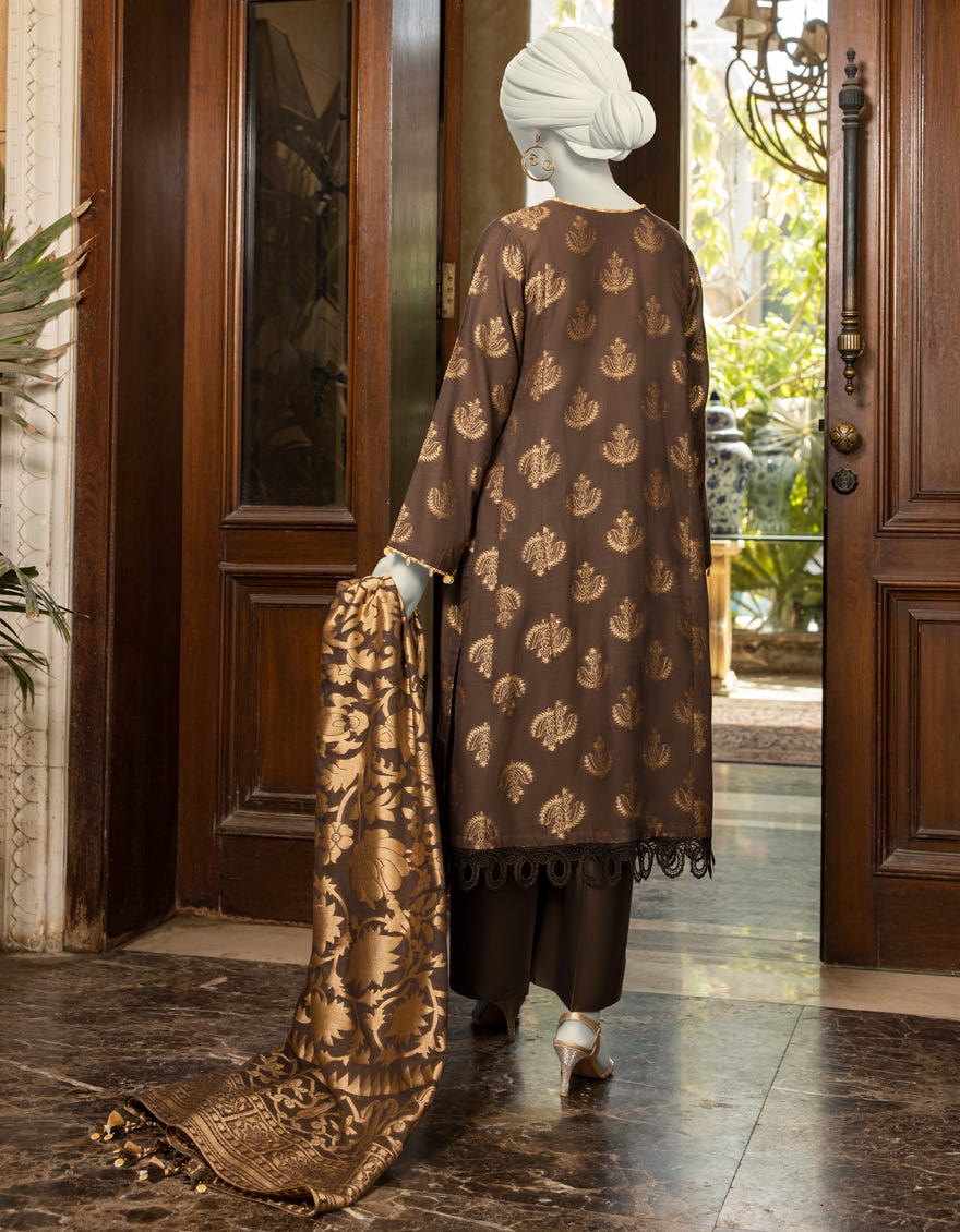 BROWN DYED JACQUARD UNSTITCHED 3PC