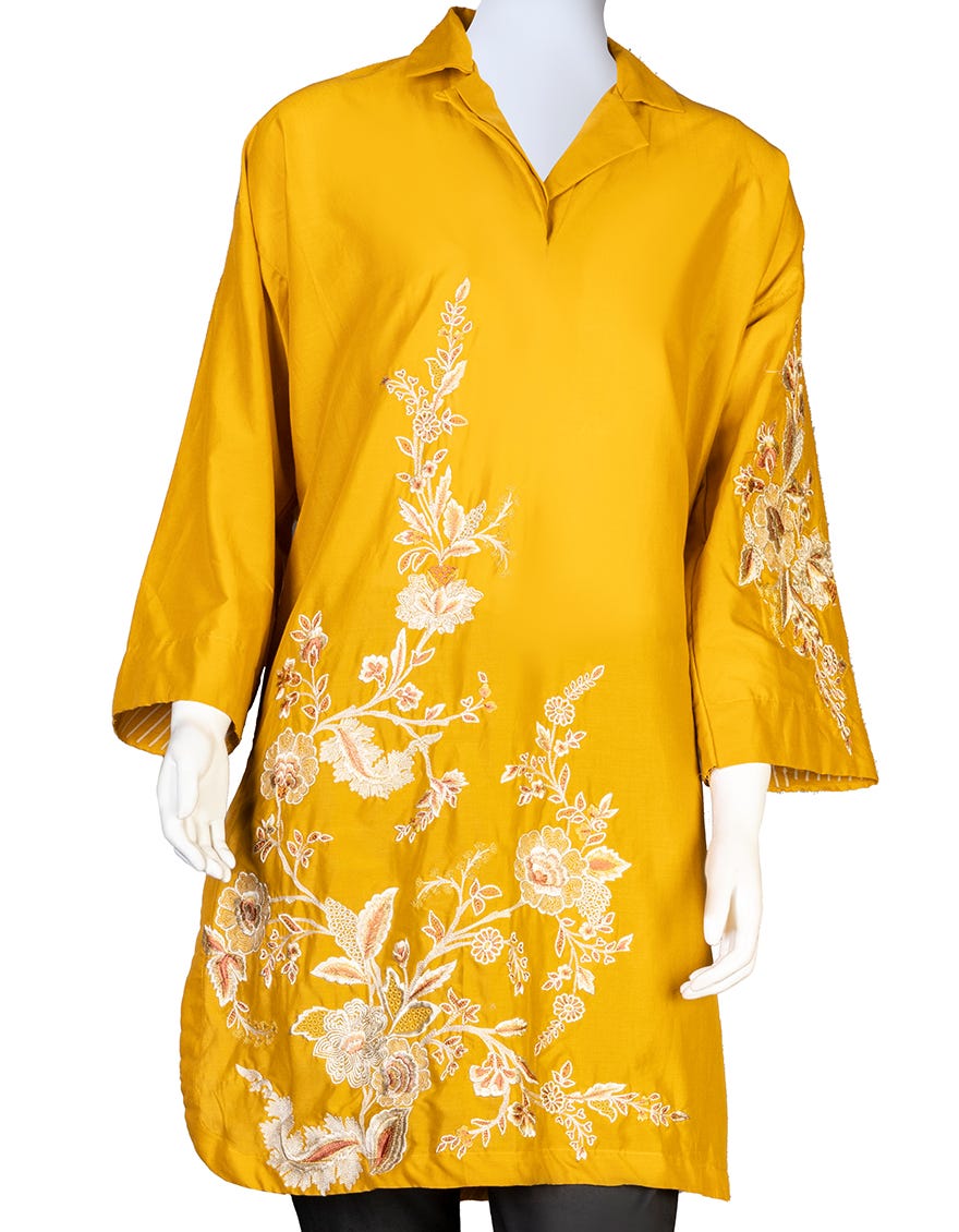 MUSTARD LAWN EMBROIDERED KURTI