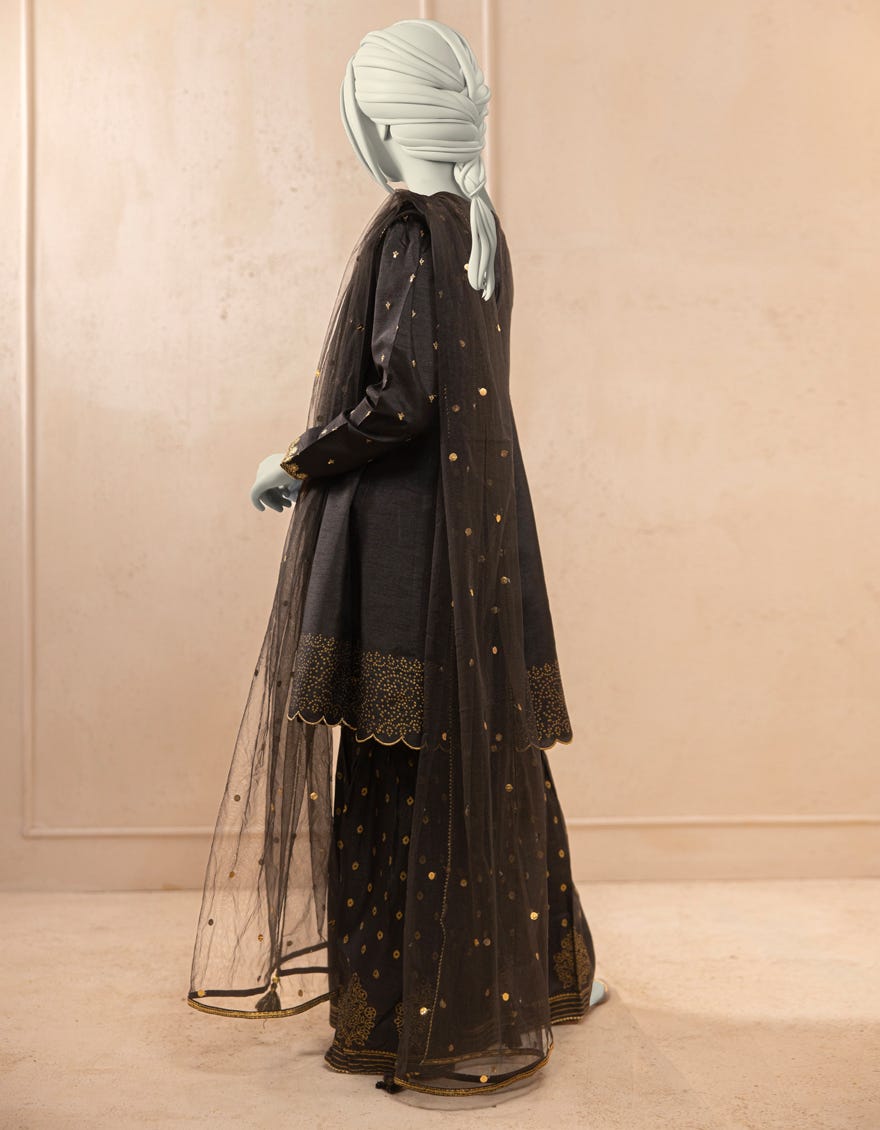 BLACK RAW SILK EMBROIDERED 3PC STITCHED