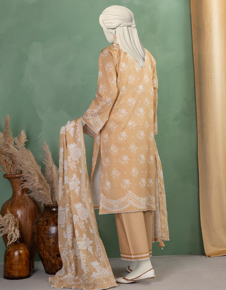 BEIGE LAWN PRINTED UNSTITCHED 3PC