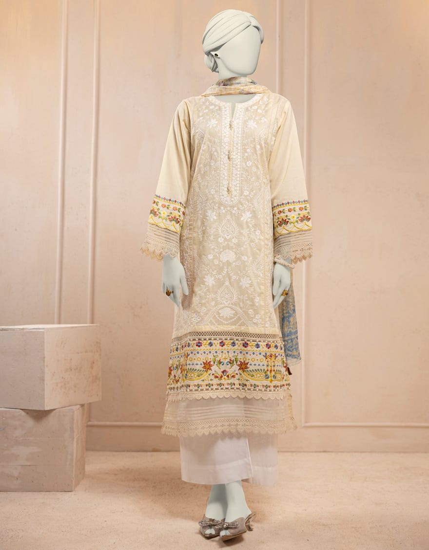 OFF WHITE LAWN SCHIFFLI UNSTITCHED 3PC