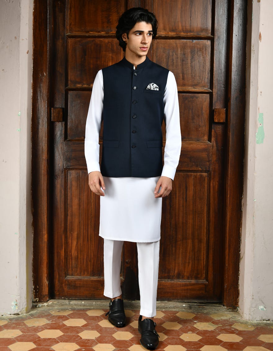 NAVY BLUE BLENDED WAISTCOAT | JJVC-27381-R7