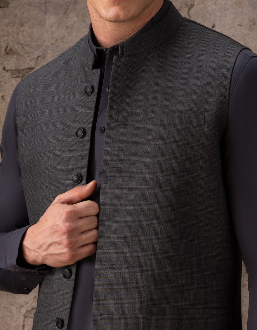 HATCHED BLACK BLENDED WAISTCOAT | JJVC-27467