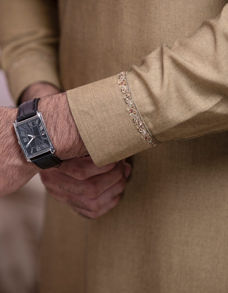 KHAKI BLENDED KURTA PAJAMA | JJKS-A-32518