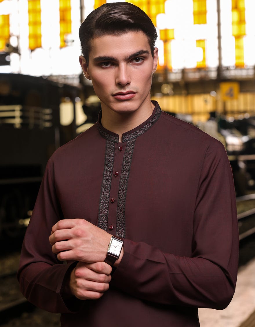 Maroon Blended Men's Kameez Shalwar | Jjks-S-32807