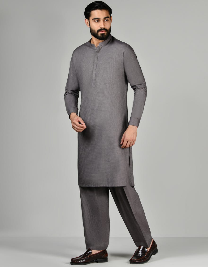 Grey Cotton Men's Kameez Shalwar | Jjks-S-32820