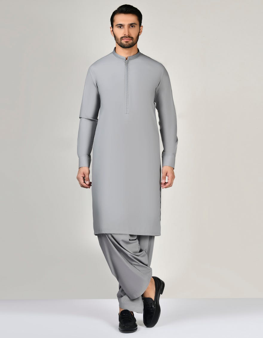 Grey Blended Men's Kameez Shalwar | Jjks-A-32860
