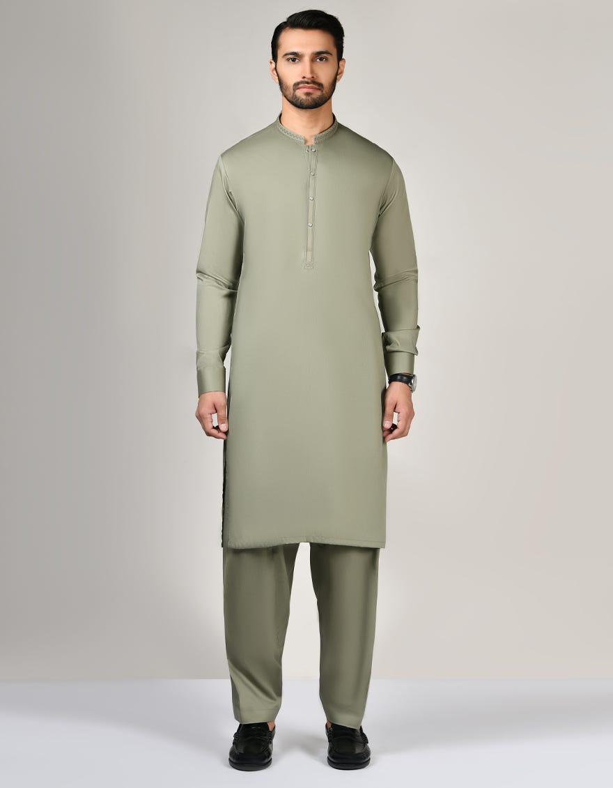 Green Cotton Men's Kameez Shalwar | Jjks-A-32862