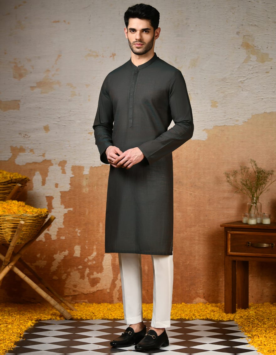 Dull Green Cotton Men's Kurta | Jjk-A-32882