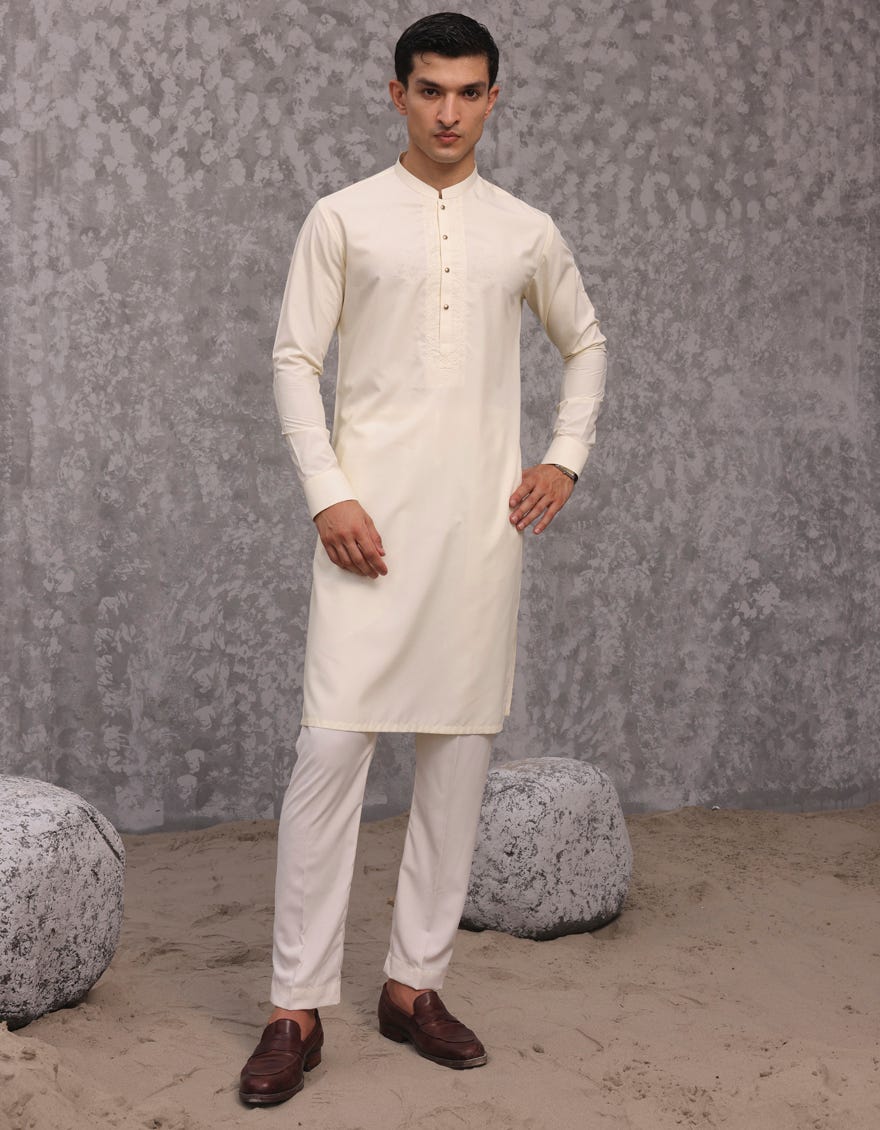 Cream Blended Men's Kurta Pajama | Jjkp-A-32967
