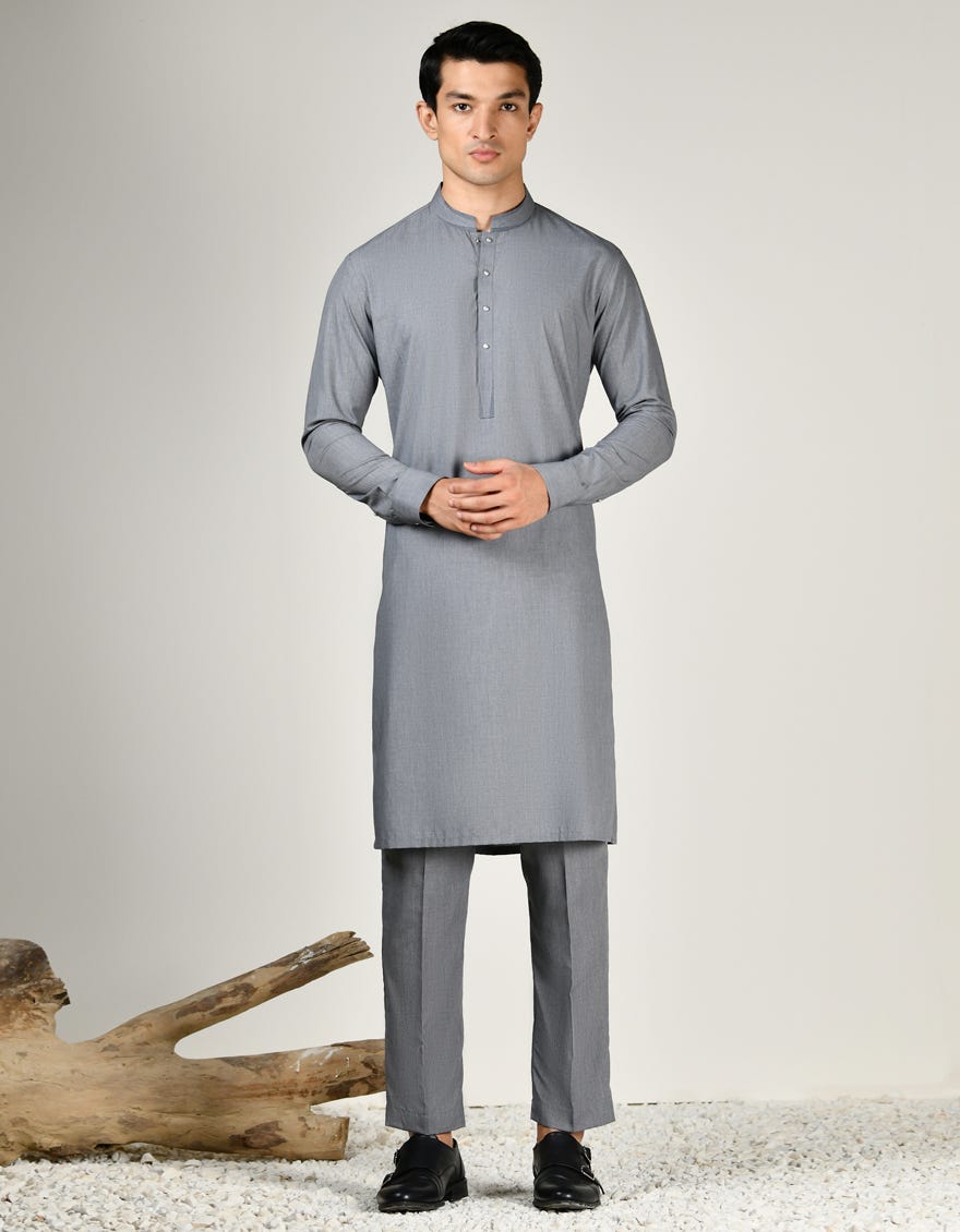 Ash Grey Blended Men's Kurta Pajama | Jjkp-A-32982
