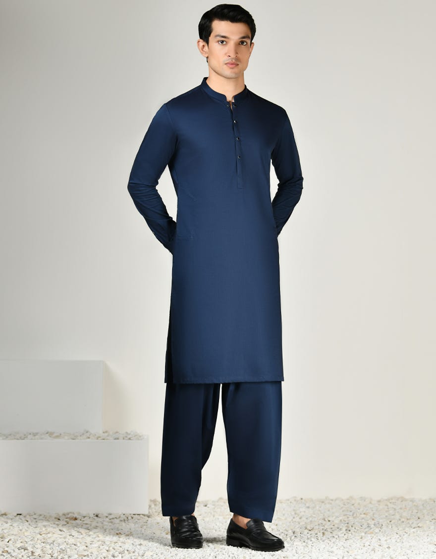 Navy Blue Cotton Men's Kameez Shalwar | Jjks-S-32983