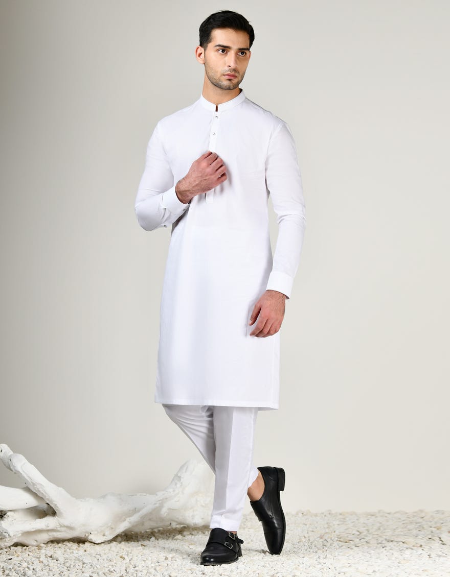 White Cotton Men's Kurta Pajama | Jjkp-A-32990