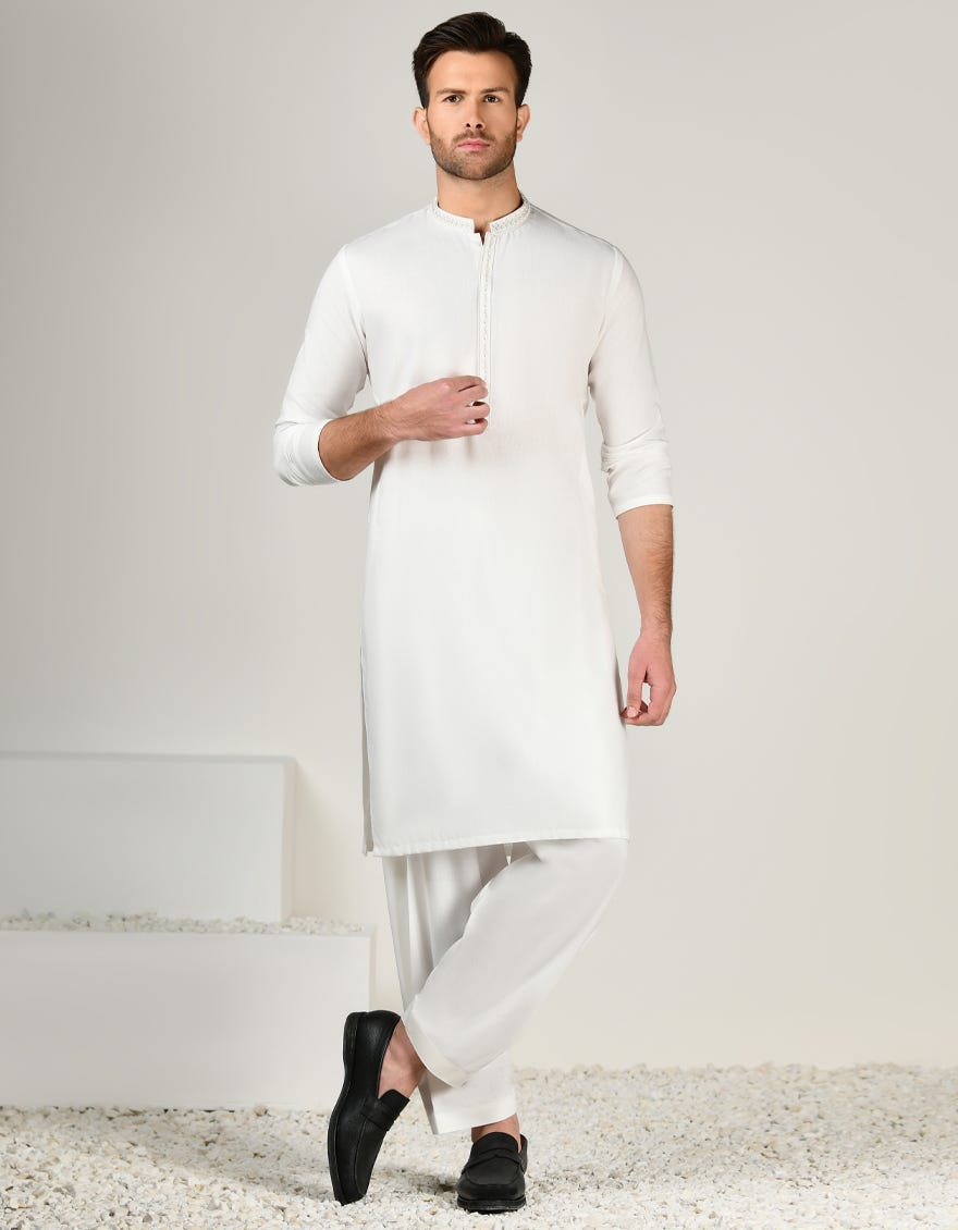 White Blended Men's Kameez Shalwar | Jjks-A-33000