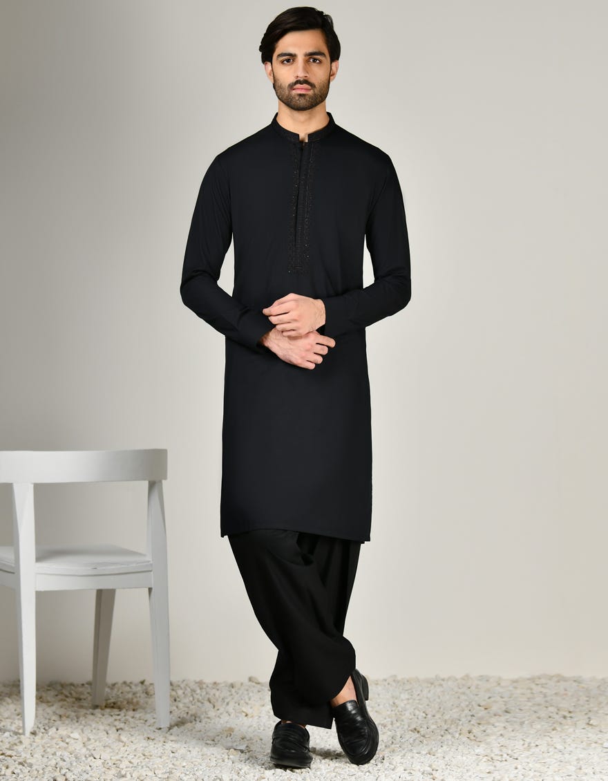 Black Blended Men's Kameez Shalwar | Jjks-A-33002