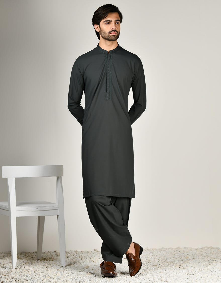 Deep Green Blended Men's Kameez Shalwar | Jjks-A-33006