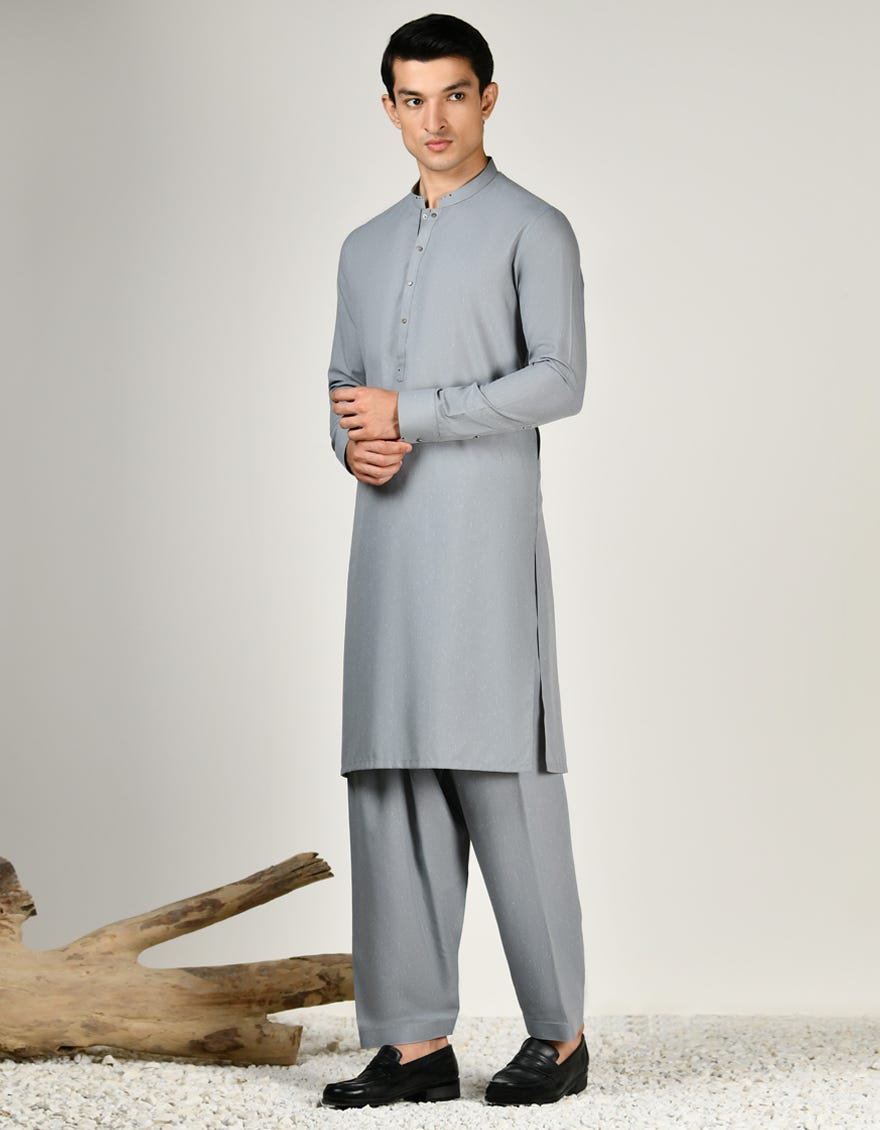Grey Polyester Men's Kameez Shalwar | Jjks-A-33007