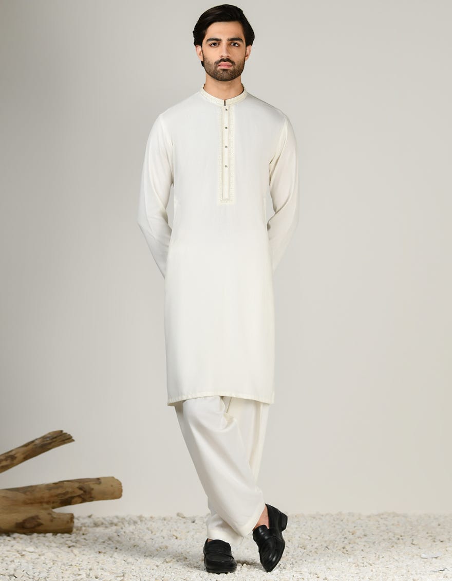 Off White Blended Men's Kameez Shalwar | Jjks-A-33010