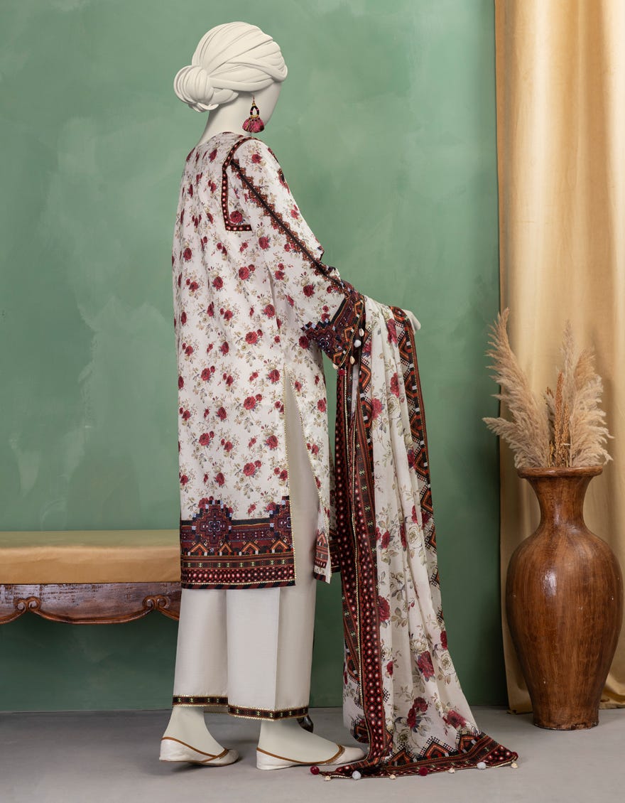 WHITE LAWN PRINTED UNSTITCHED 3PC