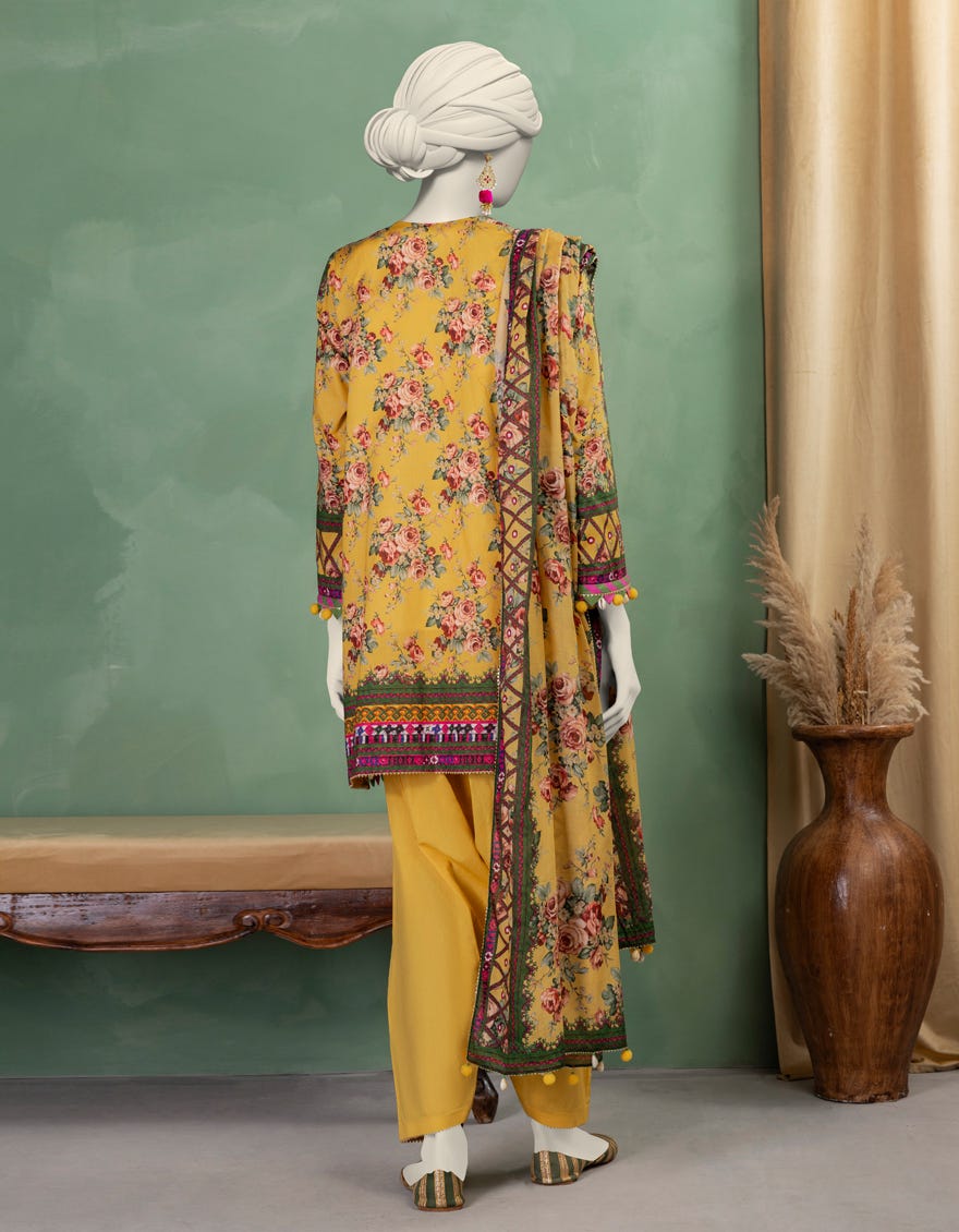 YELLOW LAWN PRINTED UNSTITCHED 3PC